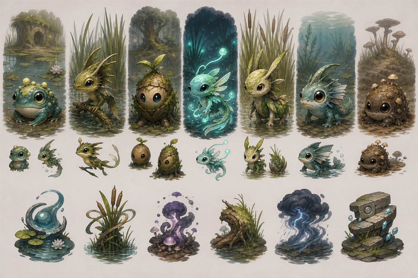 Planche de Papomons de depart et de mini-roster Palunor.
