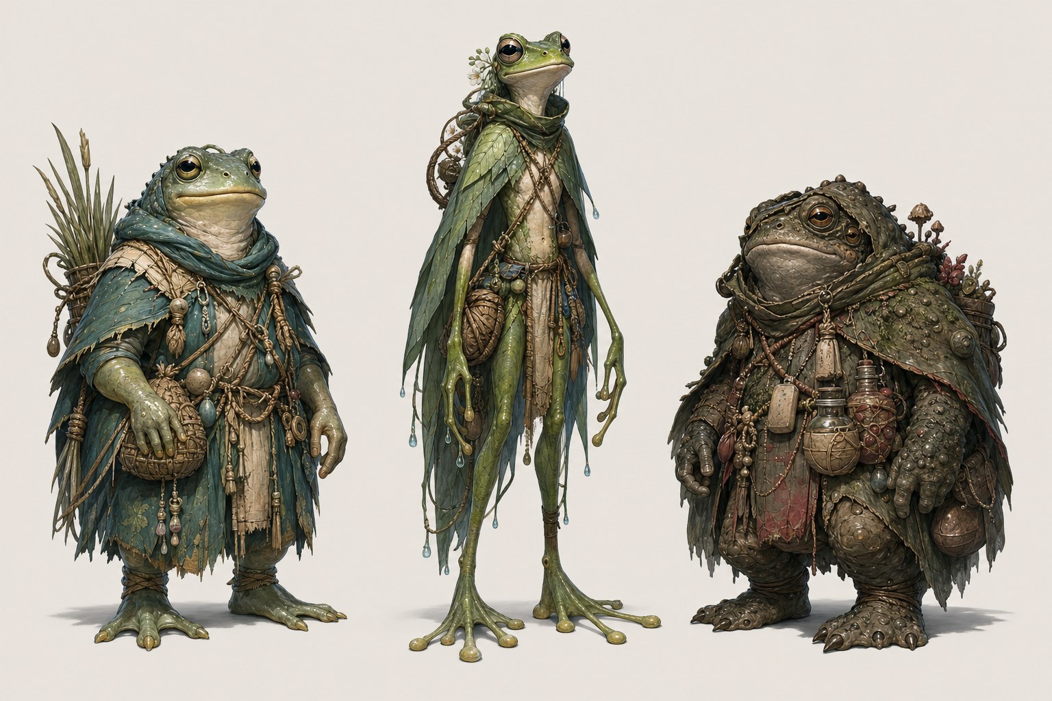 Lineup conceptuel des races jouables Amphyria : Paluneen, Sylvarine et Bourbelien.