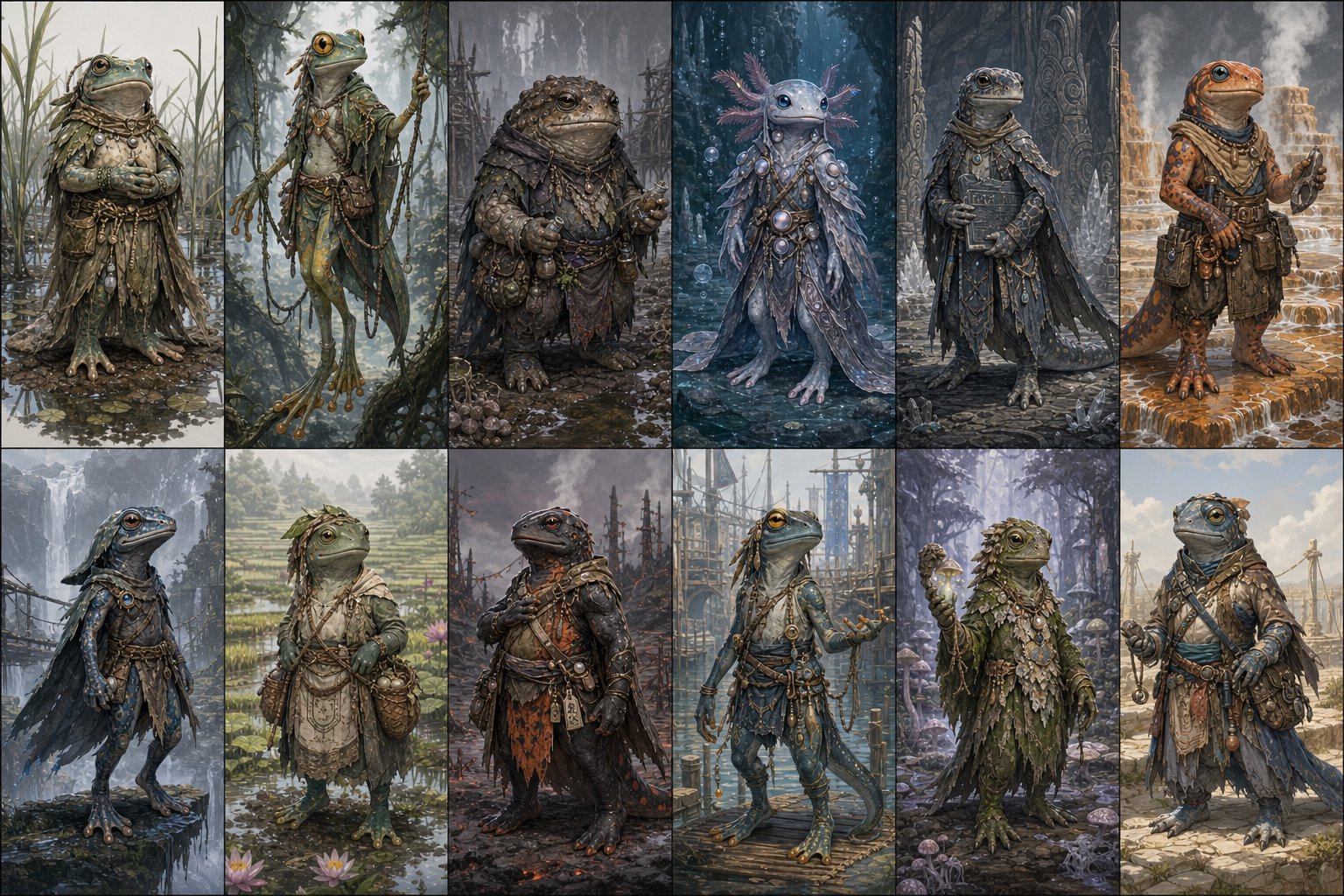 Lineup conceptuel des races jouables Amphyria, silhouettes, origines et cultures distinctes.